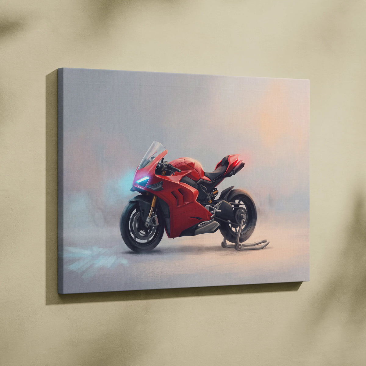 Red Ducati Panigale V4S sport bike canvas print with sleek design and glowing headlights for superbike home decor