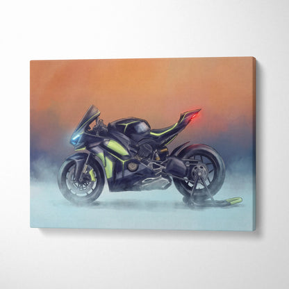Black and neon green Ducati Panigale V4 Lamborghini inspired supersport motorcycle canvas print for racing garage decor