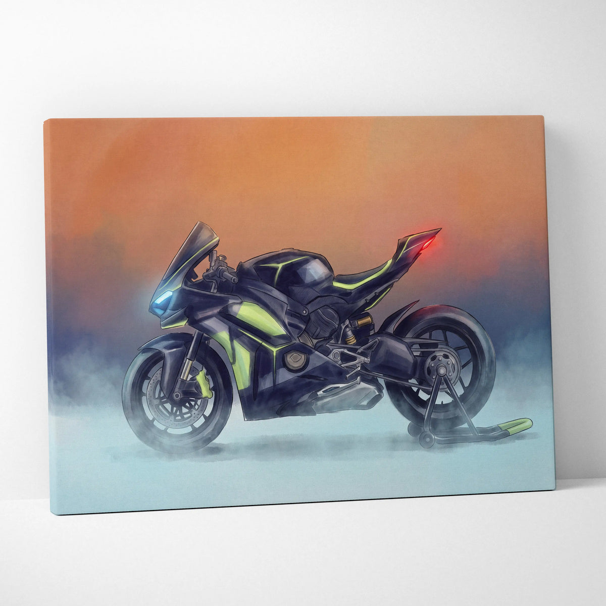 Black and neon green ducati panigale v4 lamborghini inspired supersport motorcycle illustration on canvas wall art