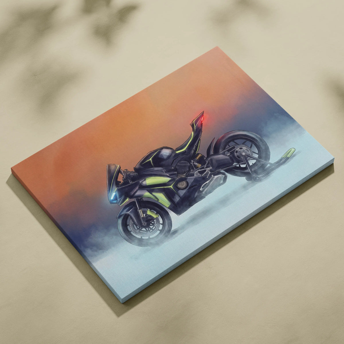 Black and neon green ducati panigale v4 lamborghini inspired motorcycle illustration on stretched canvas wall art