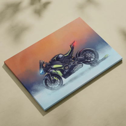 Black and neon green ducati panigale v4 lamborghini inspired motorcycle illustration on stretched canvas wall art
