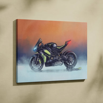 Black and neon green ducati panigale v4 lamborghini inspired supersport canvas print with glowing headlights and gradient sky