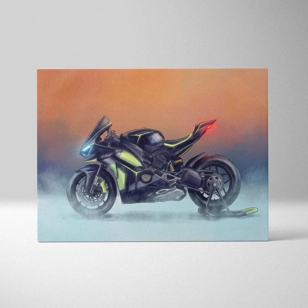Black and neon green Ducati Panigale V4 Lamborghini inspired racing motorcycle illustration on canvas wall art