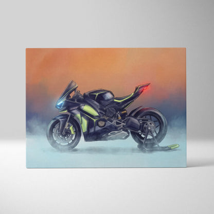 Black and neon green Ducati Panigale V4 Lamborghini inspired racing motorcycle illustration on canvas wall art