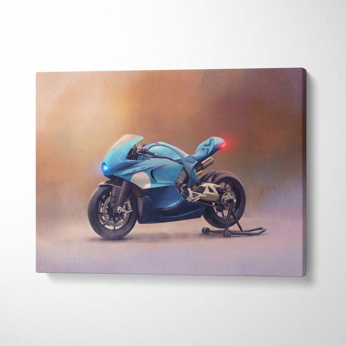 Blue sport motorcycle canvas print with glowing red and blue lights bugatti concept bike inspired supersport wall art