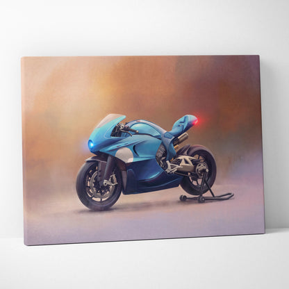 Bugatti concept bike inspired supersport wall art featuring a blue sport motorcycle canvas print with glowing headlights and red taillight