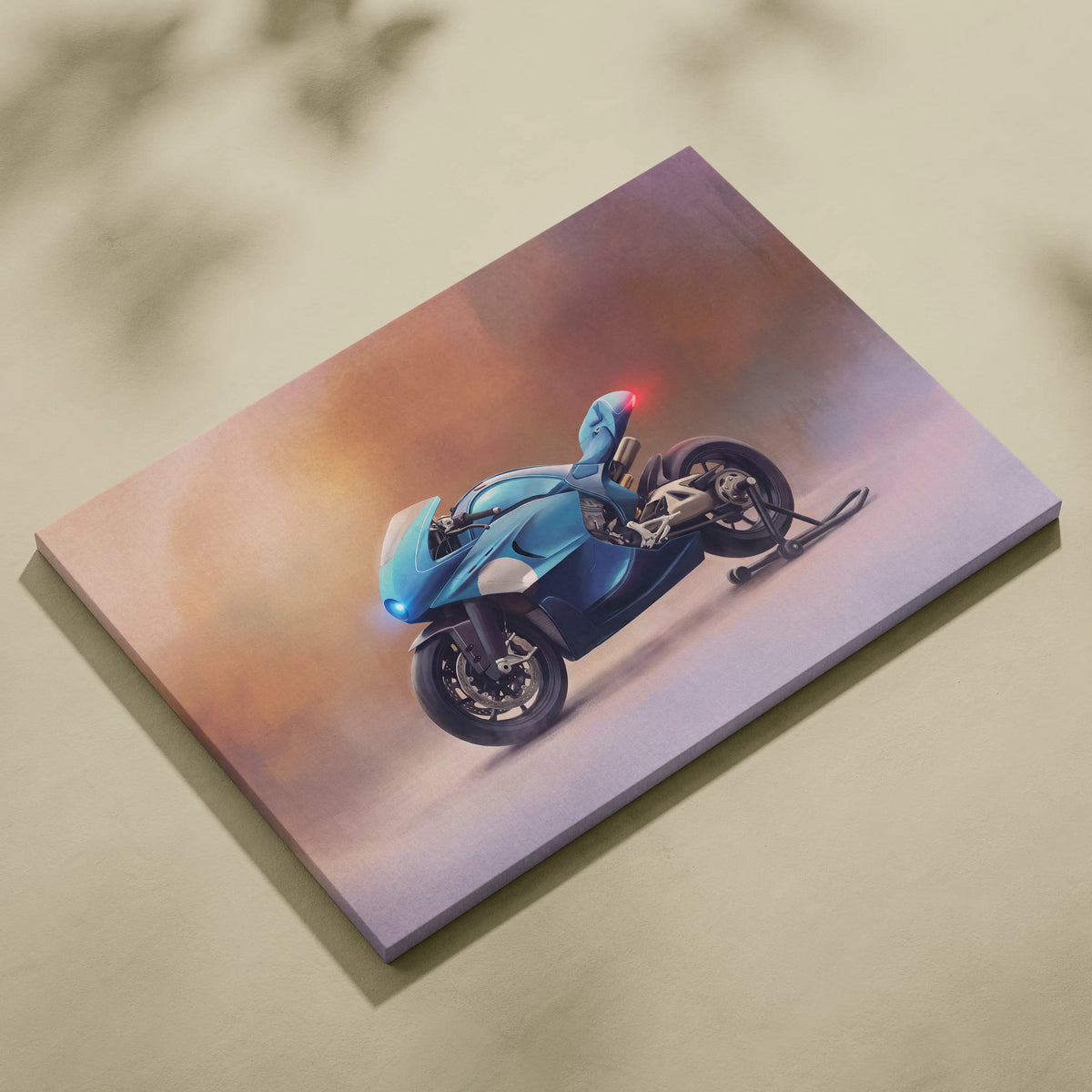 Bugatti concept bike inspired supersport canvas print featuring a blue sportbike with red and blue lights on warm backdrop