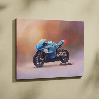 Blue sport motorcycle painting on canvas inspired by bugatti concept bike futuristic superbike wall art for garage decor