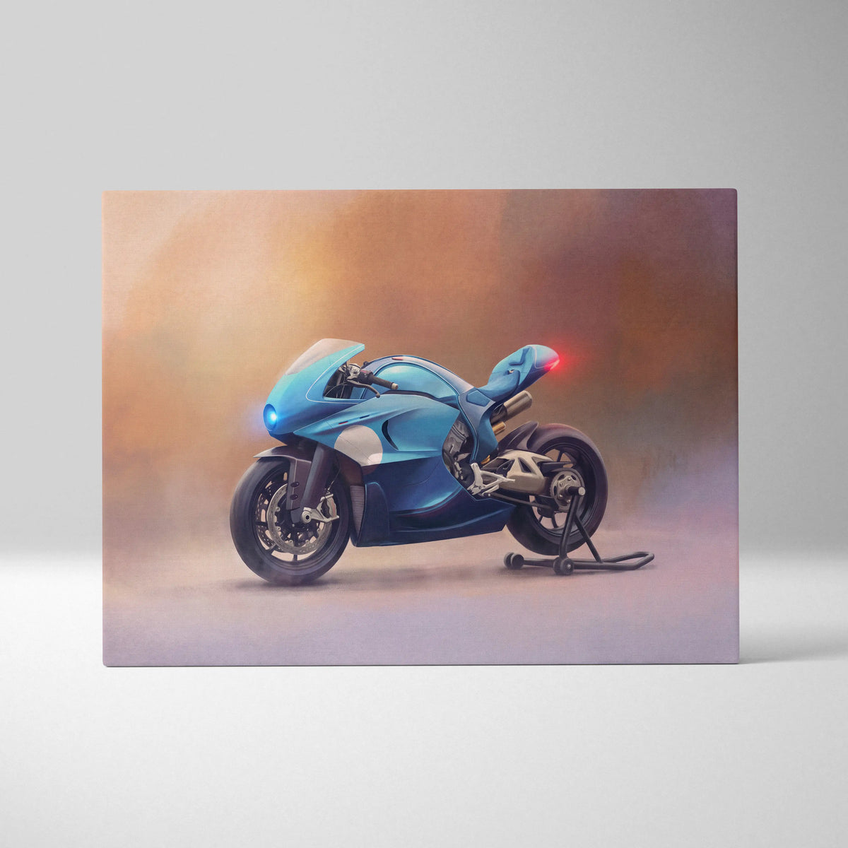 Blue and white sport motorcycle illustration on canvas bugatti concept bike inspired supersport wall art for garage decor