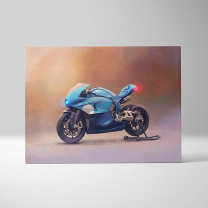 Blue and white sport motorcycle illustration on canvas bugatti concept bike inspired supersport wall art for garage decor