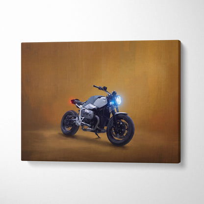 A sleek silver and black bmw r ninet inspired naked motorcycle canvas print with glowing blue headlights for retro decor