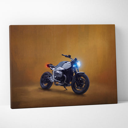 A sleek silver and black BMW R nineT inspired naked motorcycle canvas print with illuminated headlight for retro decor