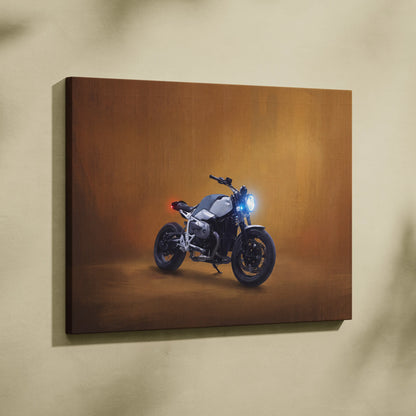 Canvas print of bmw r ninest inspired modern motorcycle with glowing headlights and red taillight on warm brown backdrop