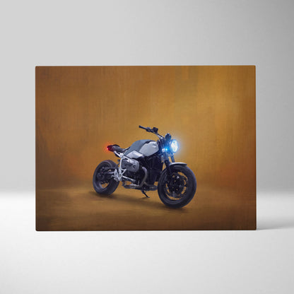 Bmw r ninet inspired naked motorcycle wall art featuring a sleek silver and black bike with glowing blue headlight on canvas