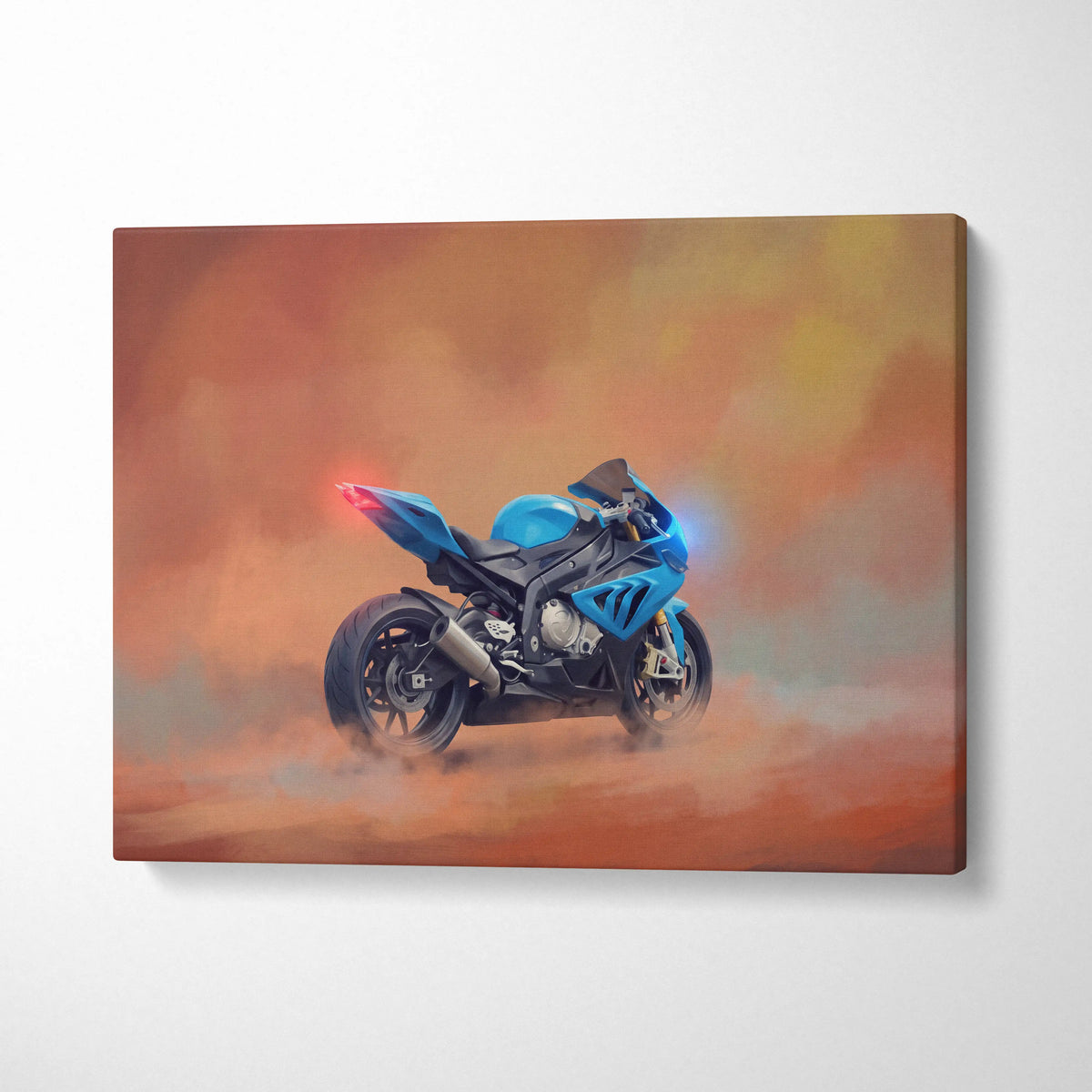 Blue and black bmw s1000rr inspired sport motorcycle wall art with glowing taillight and engine on smoky orange background