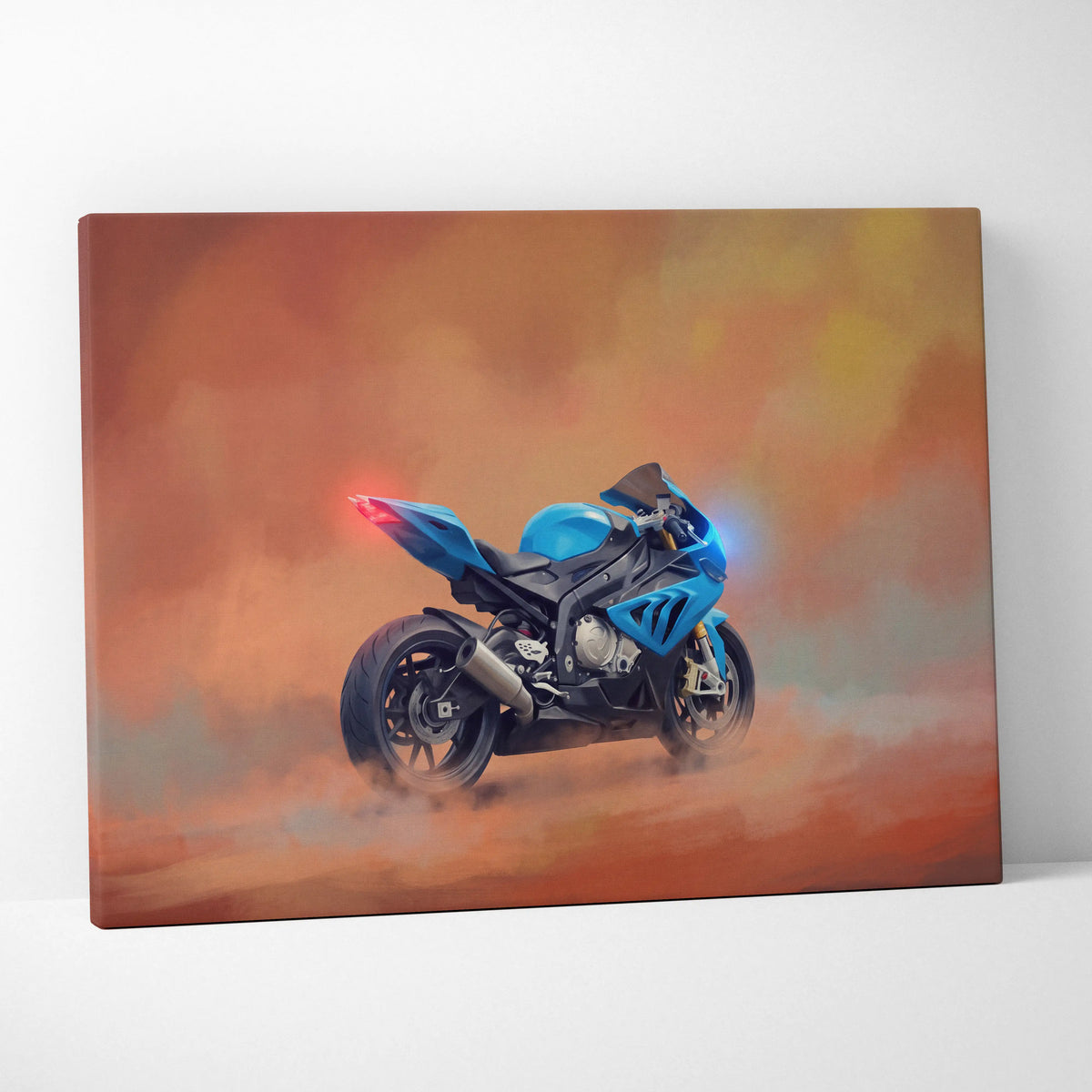 Blue and black BMW S1000RR inspired sport bike painting on canvas for track racing wall art and superbike garage decor