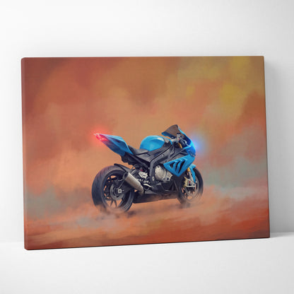 Blue and black BMW S1000RR inspired sport bike painting on canvas for track racing wall art and superbike garage decor