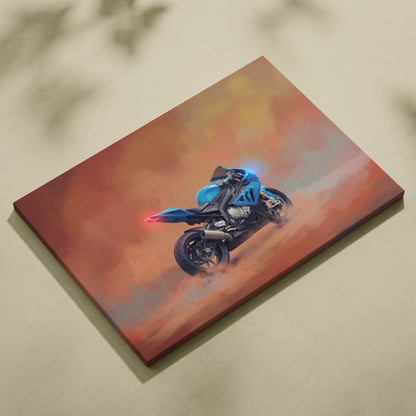 Blue and black BMW S1000RR inspired sport bike canvas art featuring track racing design for superbike garage decor
