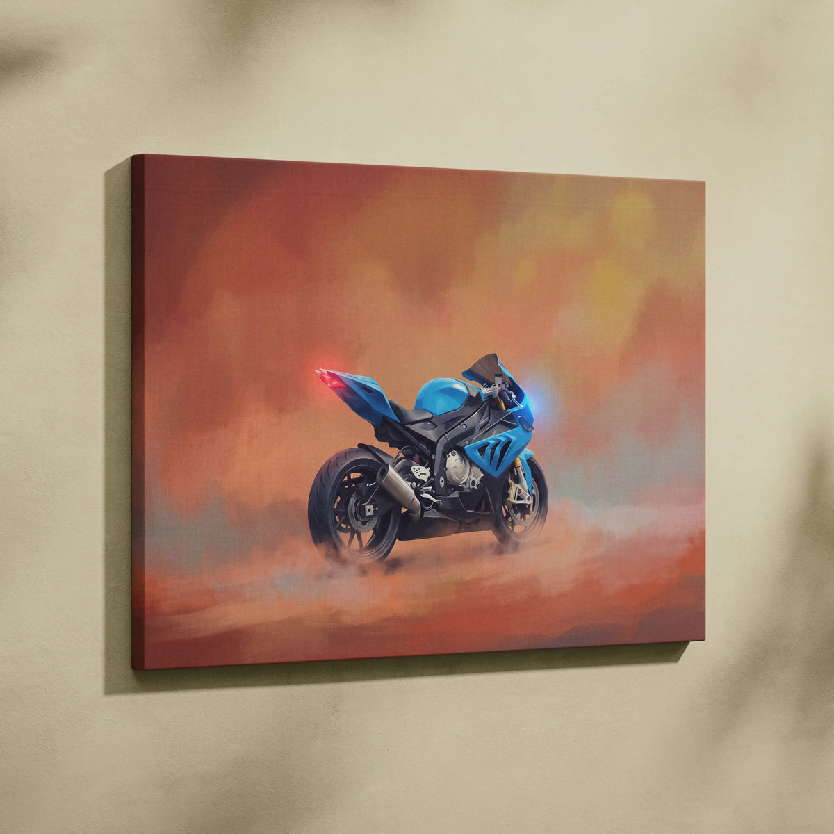 Blue sport motorcycle canvas wall art with glowing red and blue lights on orange smoky background for garage decor