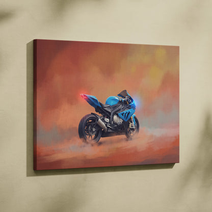 Blue sport motorcycle canvas wall art with glowing red and blue lights on orange smoky background for garage decor