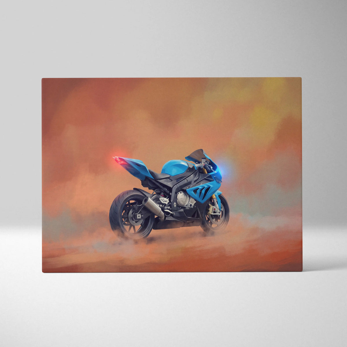 Bmw s1000rr inspired sport bike wall art with blue and black motorcycle and glowing lights on orange canvas decor