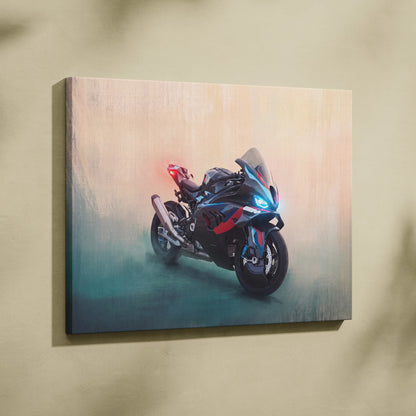 BMW M1000RR Inspired Motorcycle Wall Art, Track Racing Canvas Art & Garage Poster