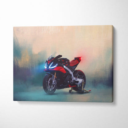 Red and black Aprilia RSV4 inspired sport motorcycle wall art on canvas with glowing blue headlights and red taillight