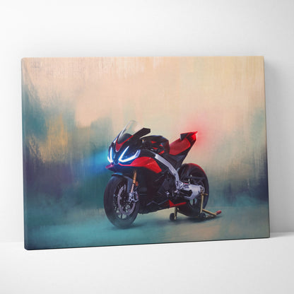 Red and black aprilia rsv4 inspired motorcycle wall art with glowing blue headlights on canvas for racing enthusiasts