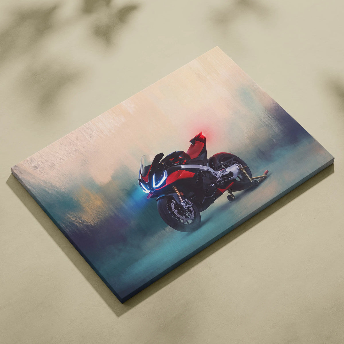 Aprilia rsv4 inspired sport motorcycle wall art on stretched canvas with red black design and glowing blue headlights