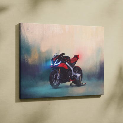 Red and black Aprilia RSV4 inspired sport motorcycle canvas print with glowing blue headlights for racing enthusiasts