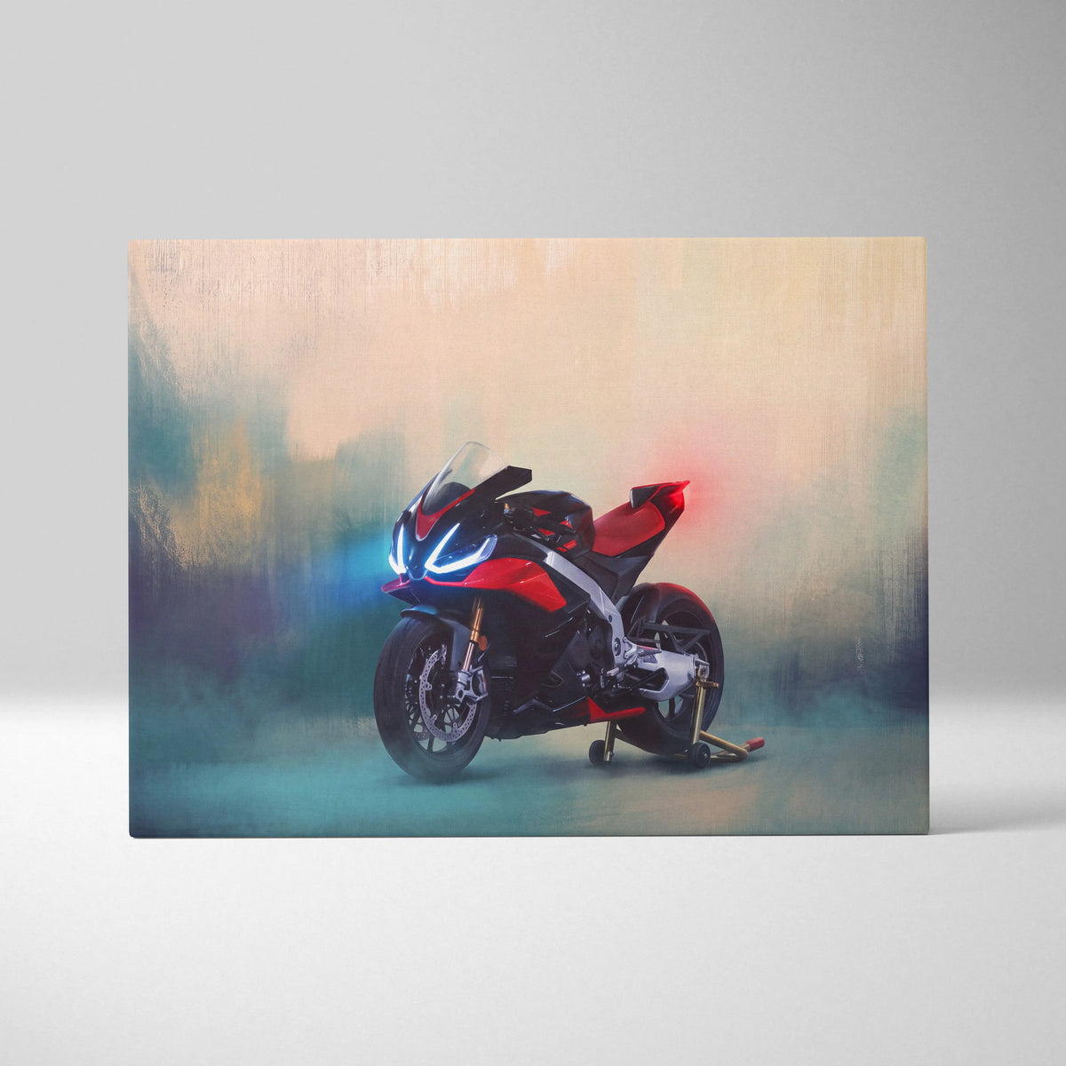 Red and black Aprilia RSV4 inspired sport motorcycle canvas art with glowing blue headlights for racing enthusiasts