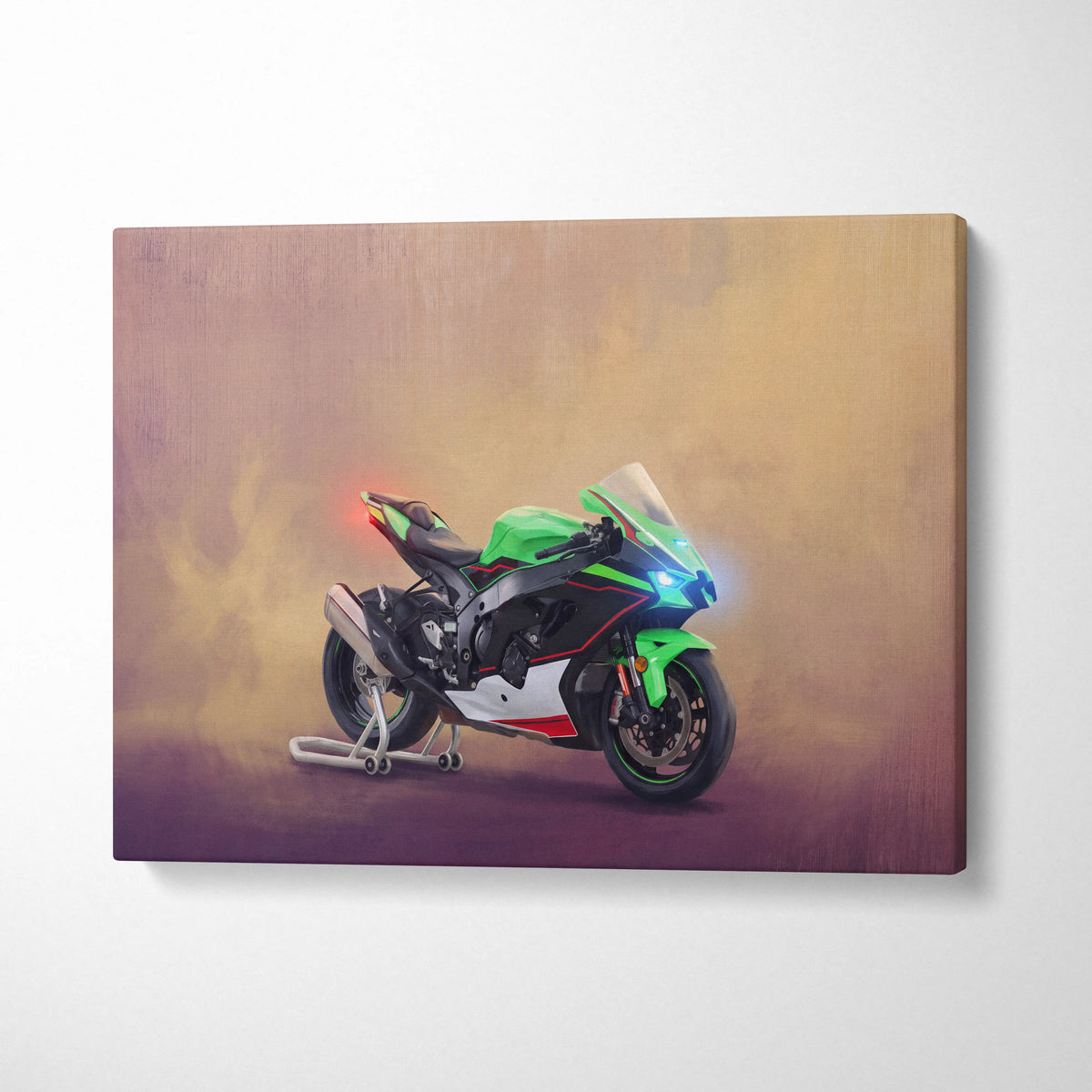 Kawasaki Ninja ZX10R Inspired Sport Bike Wall Art, Track Racing Canvas Print & Superbike Garage Decor