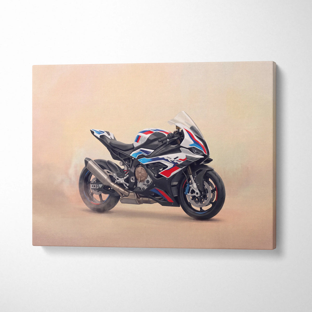 A canvas print featuring a detailed illustration of bmw m 1000 rr with black white and red racing stripes for garage decor