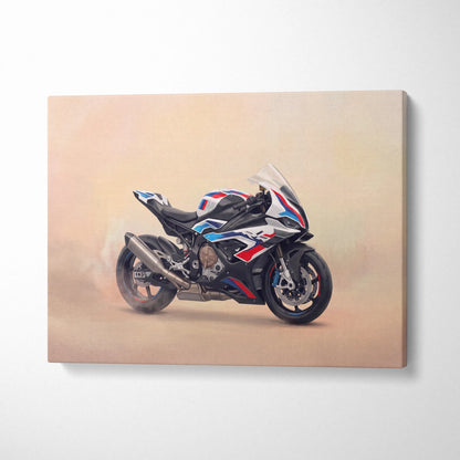 A canvas print featuring a detailed illustration of bmw m 1000 rr with black white and red racing stripes for garage decor