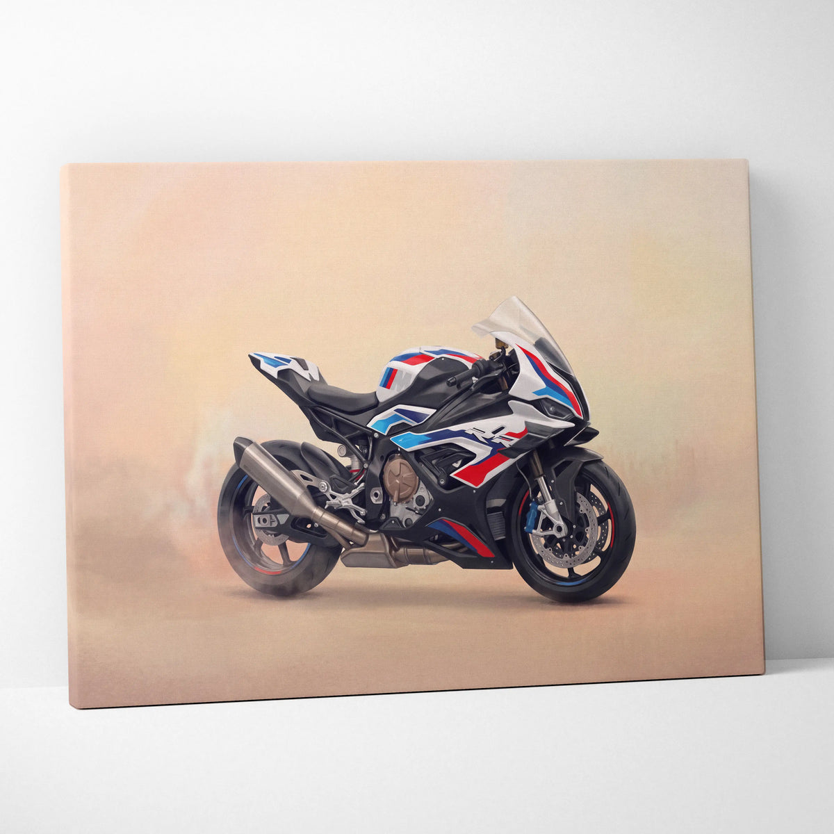 A sleek black bmw s1000rr inspired supersport canvas print with bold red and blue racing stripes for garage decor