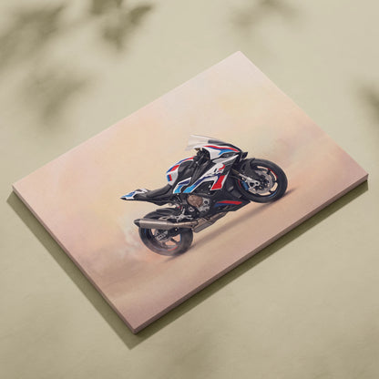 A detailed canvas print featuring a black white and blue BMW S1000RR motorcycle with red accents for garage decor
