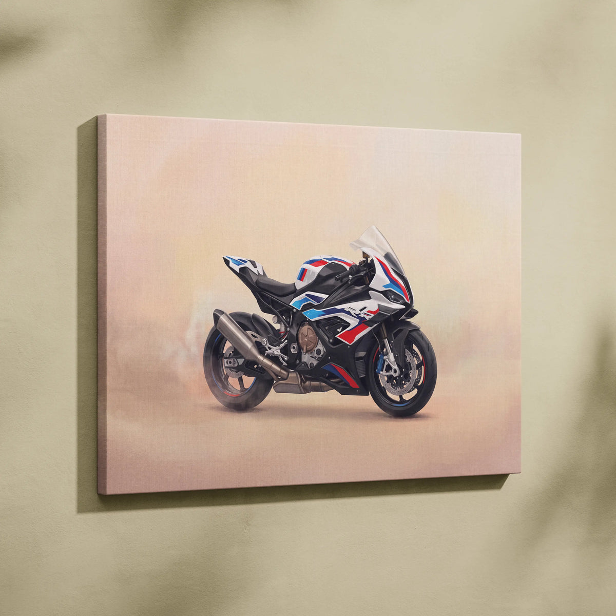 A canvas print featuring a sleek bmw s1000rr superbike with black white and red racing livery for garage decor