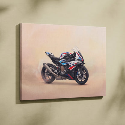 A canvas print featuring a sleek bmw s1000rr superbike with black white and red racing livery for garage decor