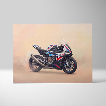 Black white and red bmw s1000rr inspired supersport wall art featuring aerodynamic fairings on a superbike canvas print