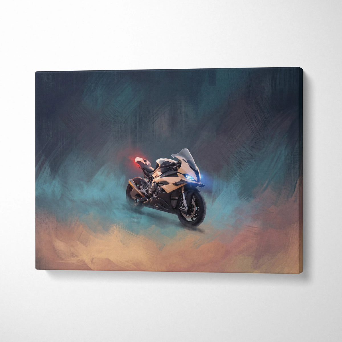 A sleek bmw s1000rr inspired motorcycle wall art canvas print with glowing blue and red lights on a teal and orange background