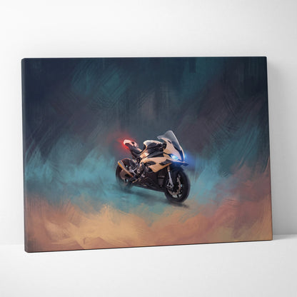 Bmw s1000rr inspired sport motorcycle wall art canvas print featuring a sleek black and gold bike with blue headlights