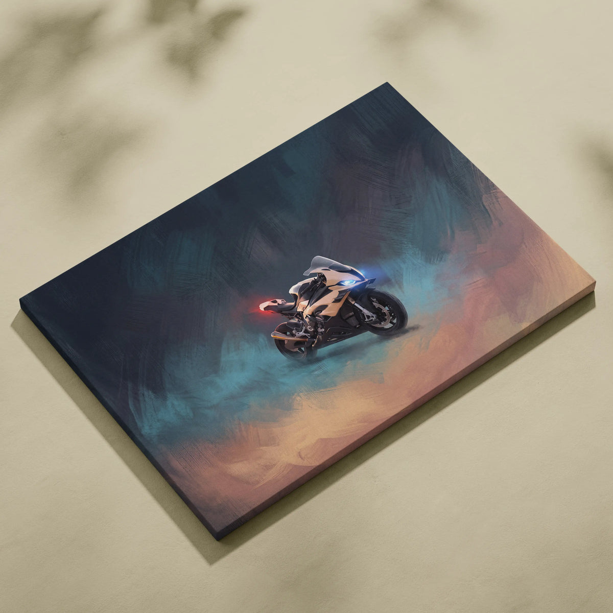 Stylized canvas print of a BMW S1000RR inspired sleek futuristic motorcycle with glowing blue and red accents on gradient background