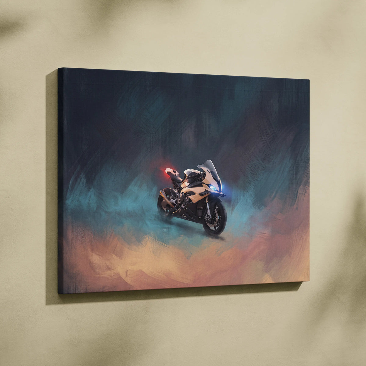 Bmw s1000rr inspired motorcycle wall art canvas print featuring a black and gold supersport bike with glowing lights