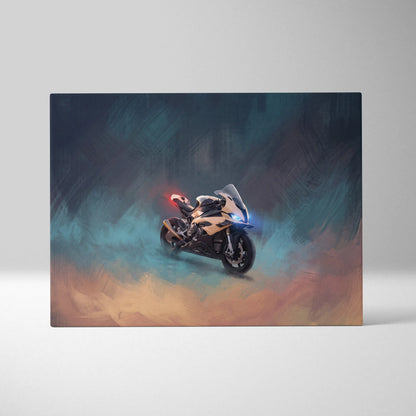A sleek BMW S1000RR inspired motorcycle wall art with glowing blue and red lights on a teal and orange canvas print