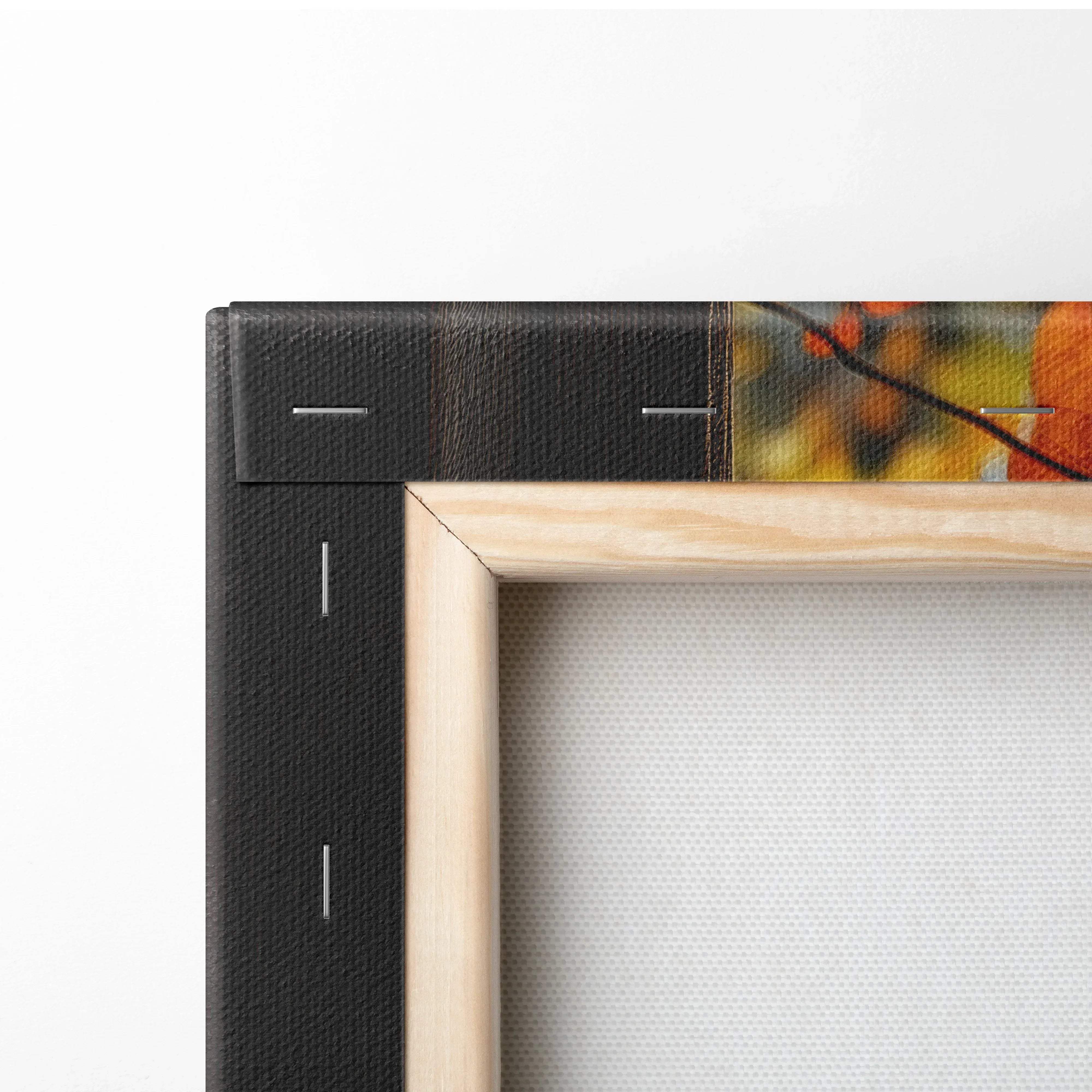 Light wood-framed canvas print with black textured border featuring abstract autumn-themed artwork for cozy decor