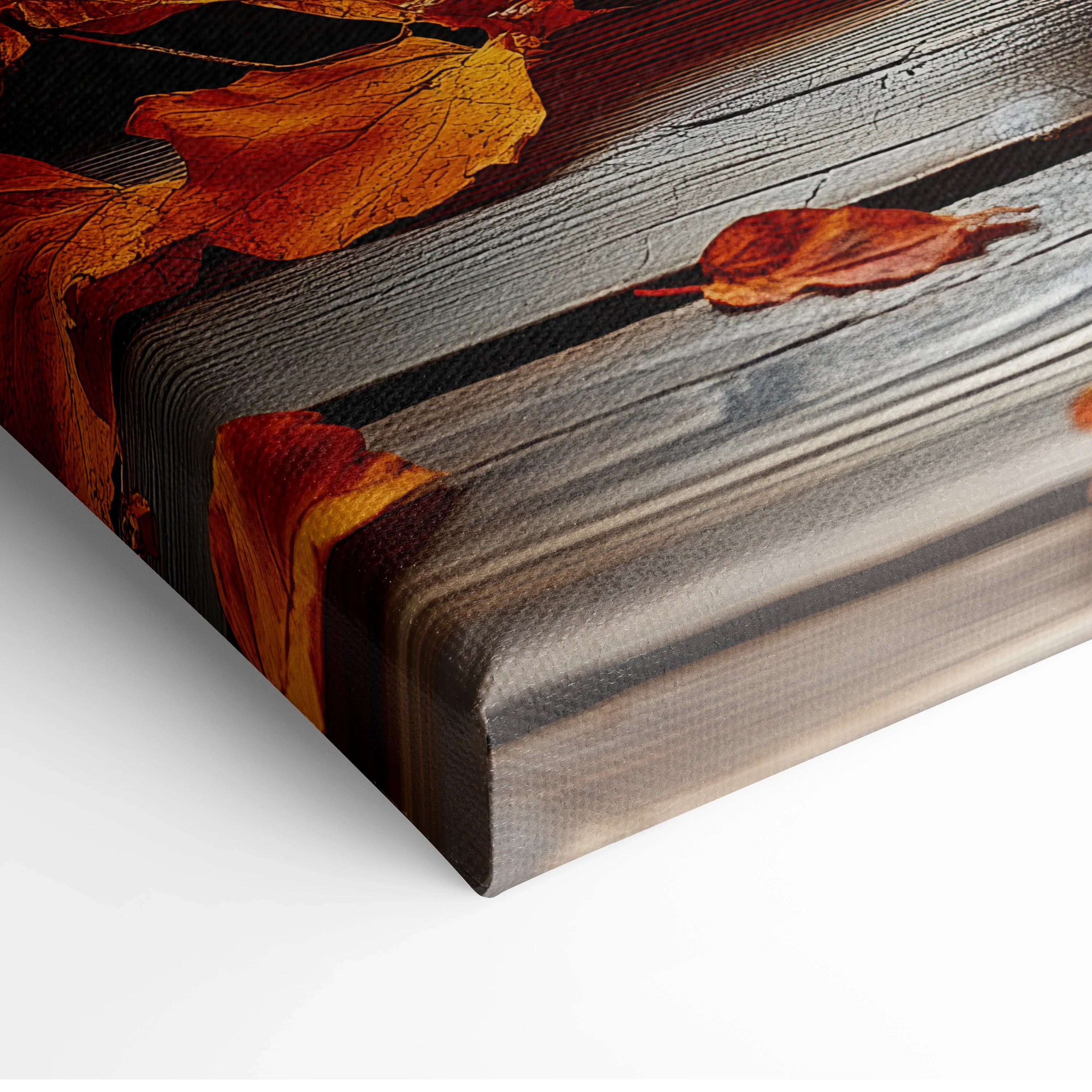 Canvas wall art featuring vibrant autumn leaves on textured wooden background with rich orange and brown tones.