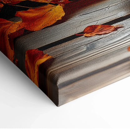 Canvas wall art featuring vibrant autumn leaves on textured wooden background with rich orange and brown tones.