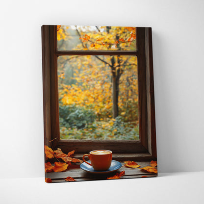 Canvas wall art featuring a warm coffee cup on a saucer by a window with autumn leaves outside.