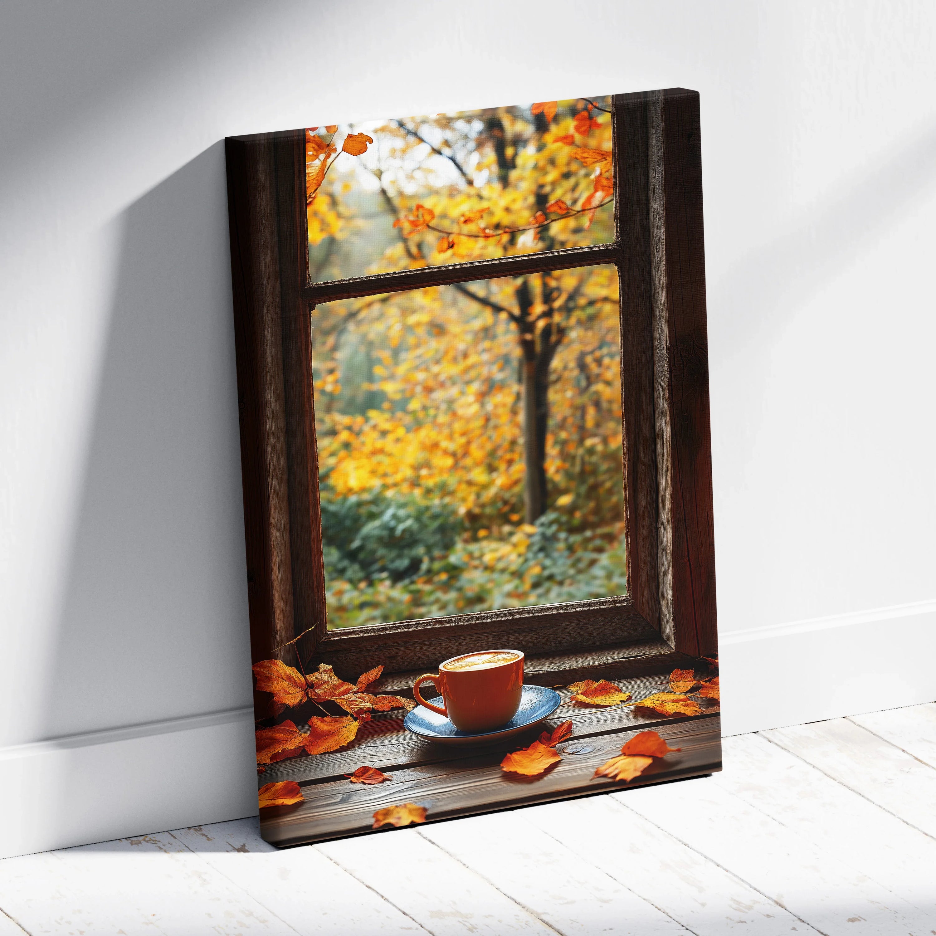 Vertical canvas wall art featuring a coffee cup on a windowsill with autumn leaves and a fall landscape outside.