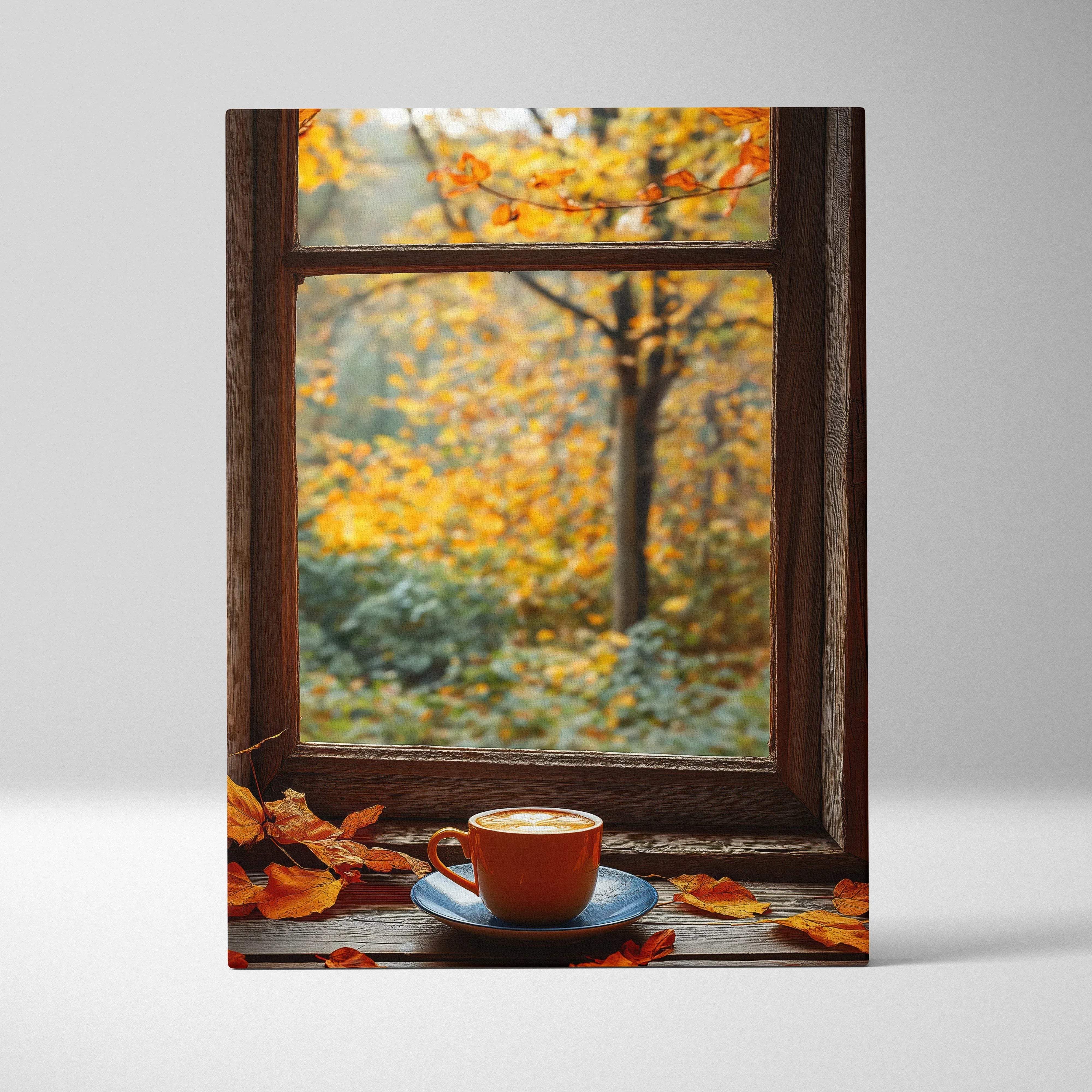A warm orange coffee cup with creamy foam on a blue saucer beside autumn leaves in rustic wood frame wall art